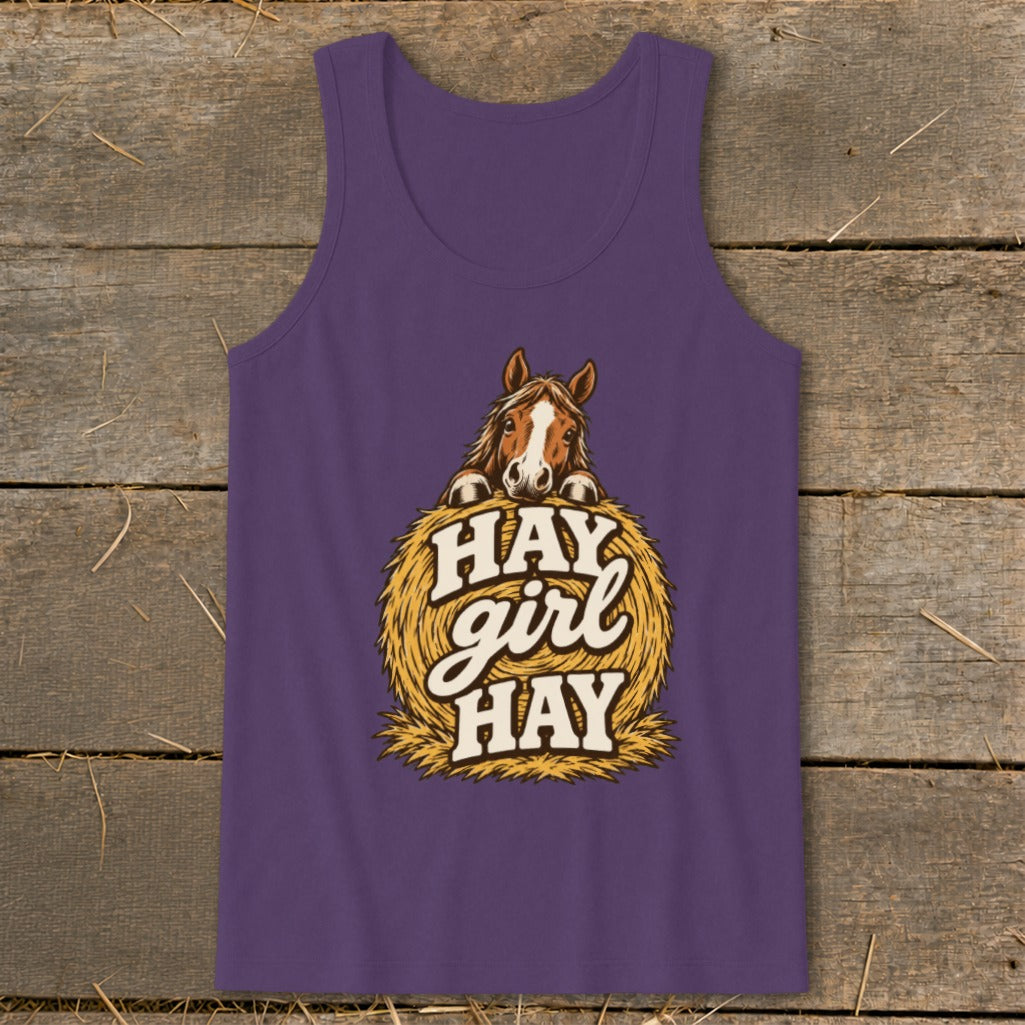Purple tank top with a horse peeking over a hay bale with "HAY girl HAY" text.