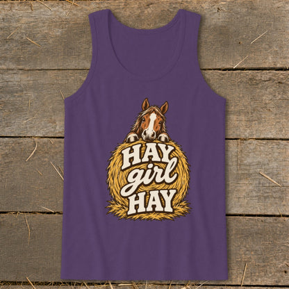 Purple tank top with a horse peeking over a hay bale with "HAY girl HAY" text.