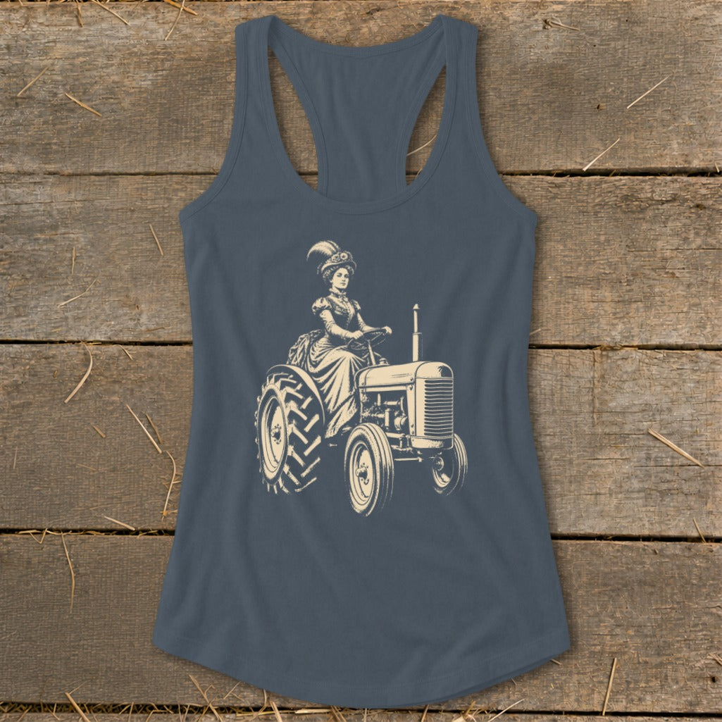 Graphic of a woman in a Victorian dress driving a vintage tractor.