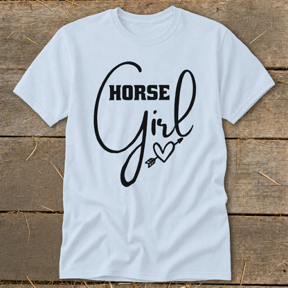 Light blue t-shirt with "Horse Girl" graphic and heart with arrow.