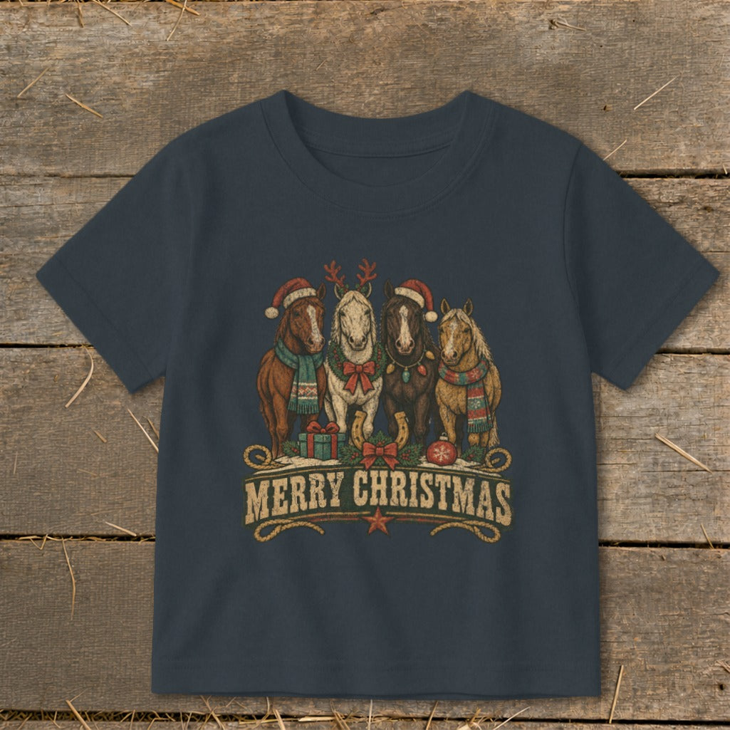 Dark blue t-shirt with four horses wearing Santa hats and scarves, text Merry Christmas.