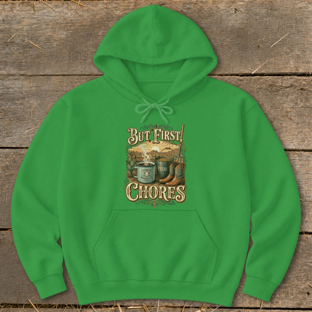 Green hoodie with "But First, Chores" text and farm-themed graphic.