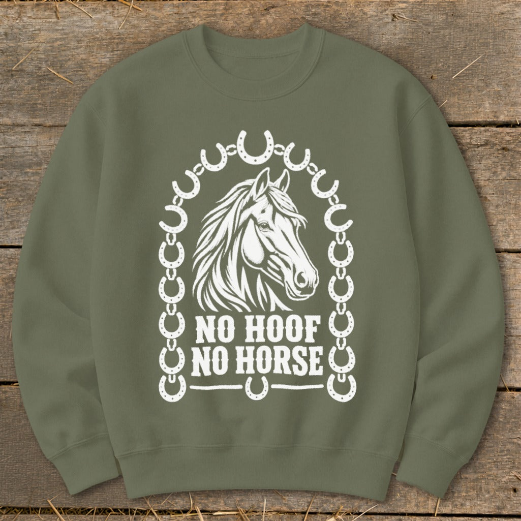 Green sweatshirt with white horse graphic and "NO HOOF NO HORSE" text.