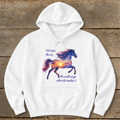 White pullover hoodie featuring a graphic of a galloping horse filled with a sunset cloudscape and text.