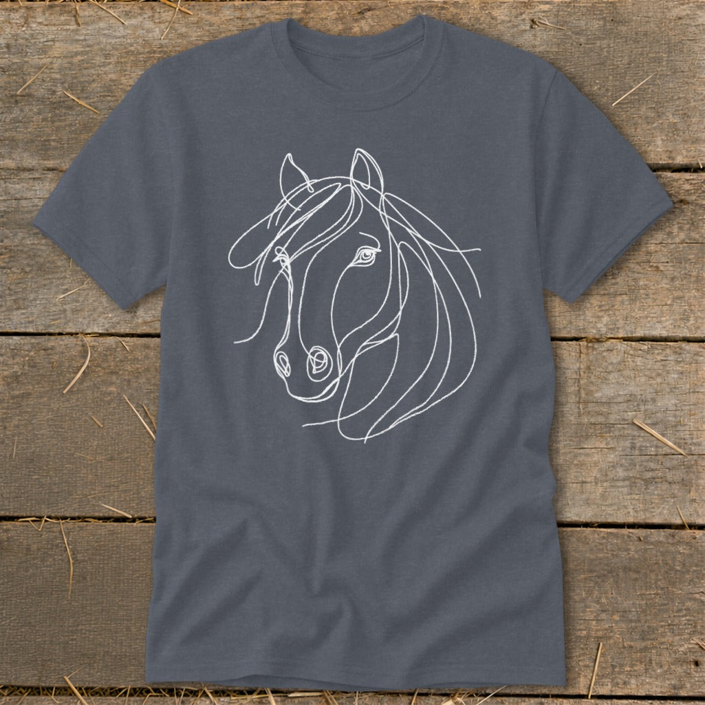 Dark gray t-shirt with a white continuous line drawing of a horse's head.