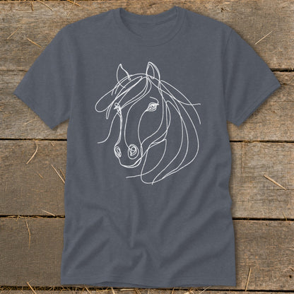 Dark gray t-shirt with a white continuous line drawing of a horse's head.