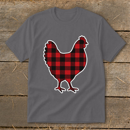 Gray t-shirt with a red and black buffalo plaid chicken graphic.