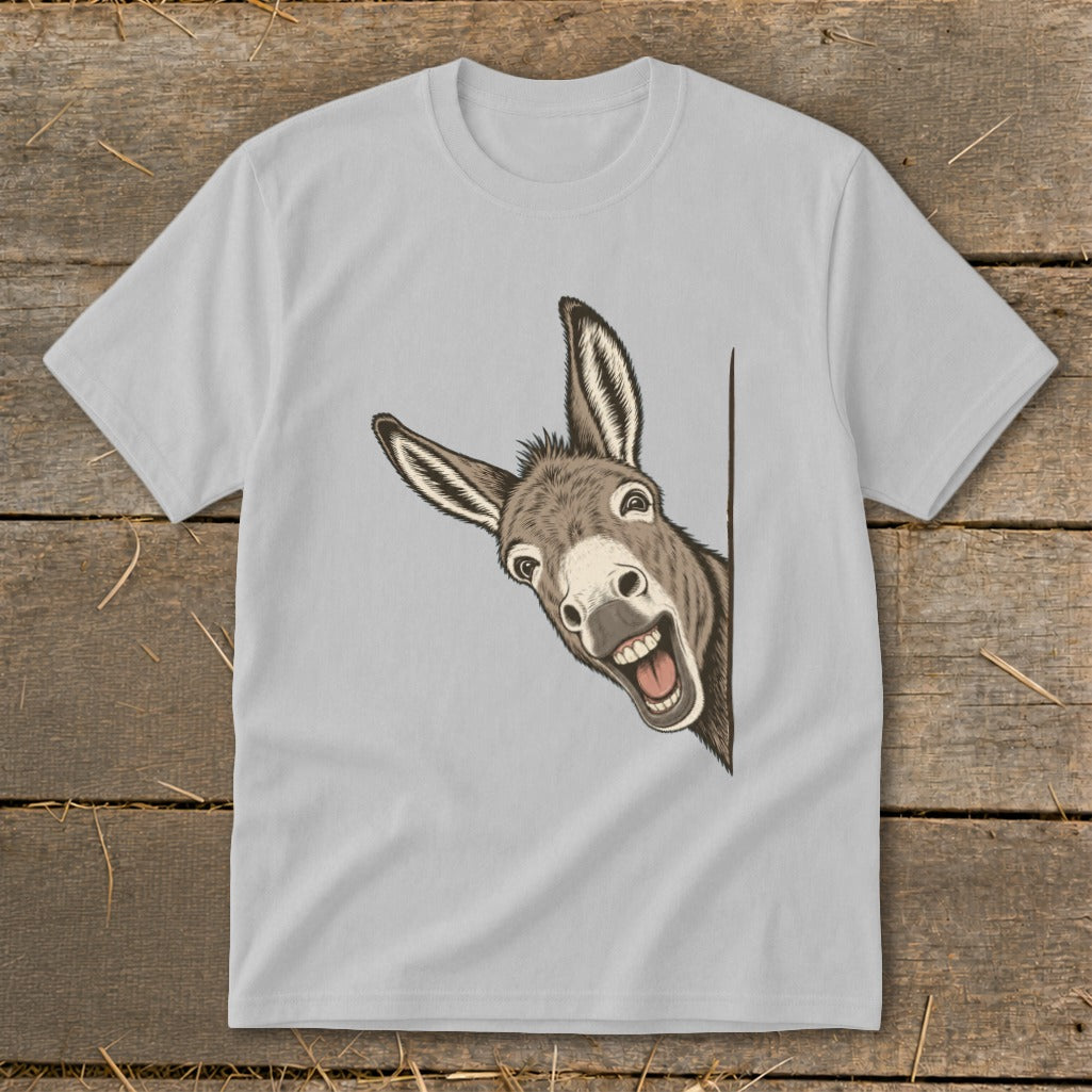 Light gray t-shirt with a cartoon donkey peeking from the side with a big smile.