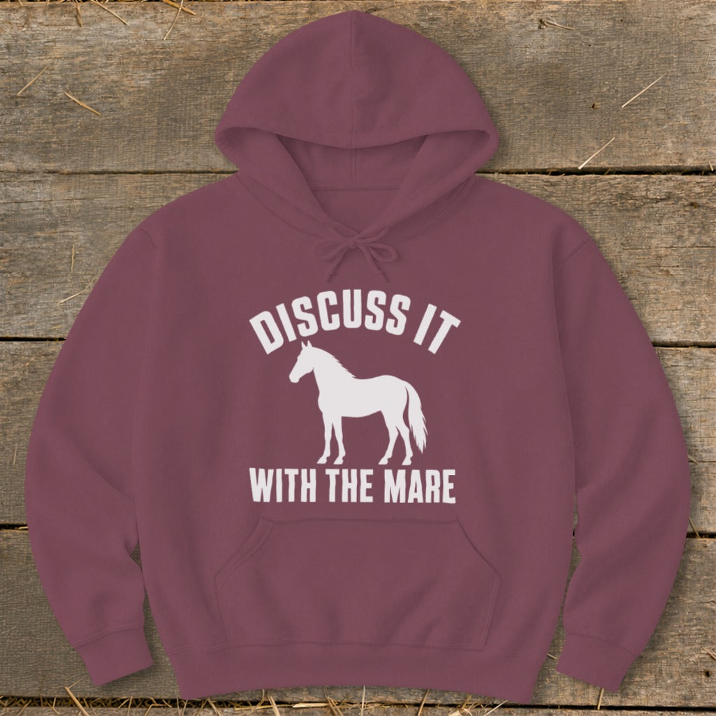 Maroon hoodie with white horse silhouette and text: "DISCUSS IT WITH THE MARE".
