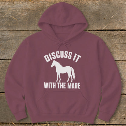 Maroon hoodie with white horse silhouette and text: "DISCUSS IT WITH THE MARE".