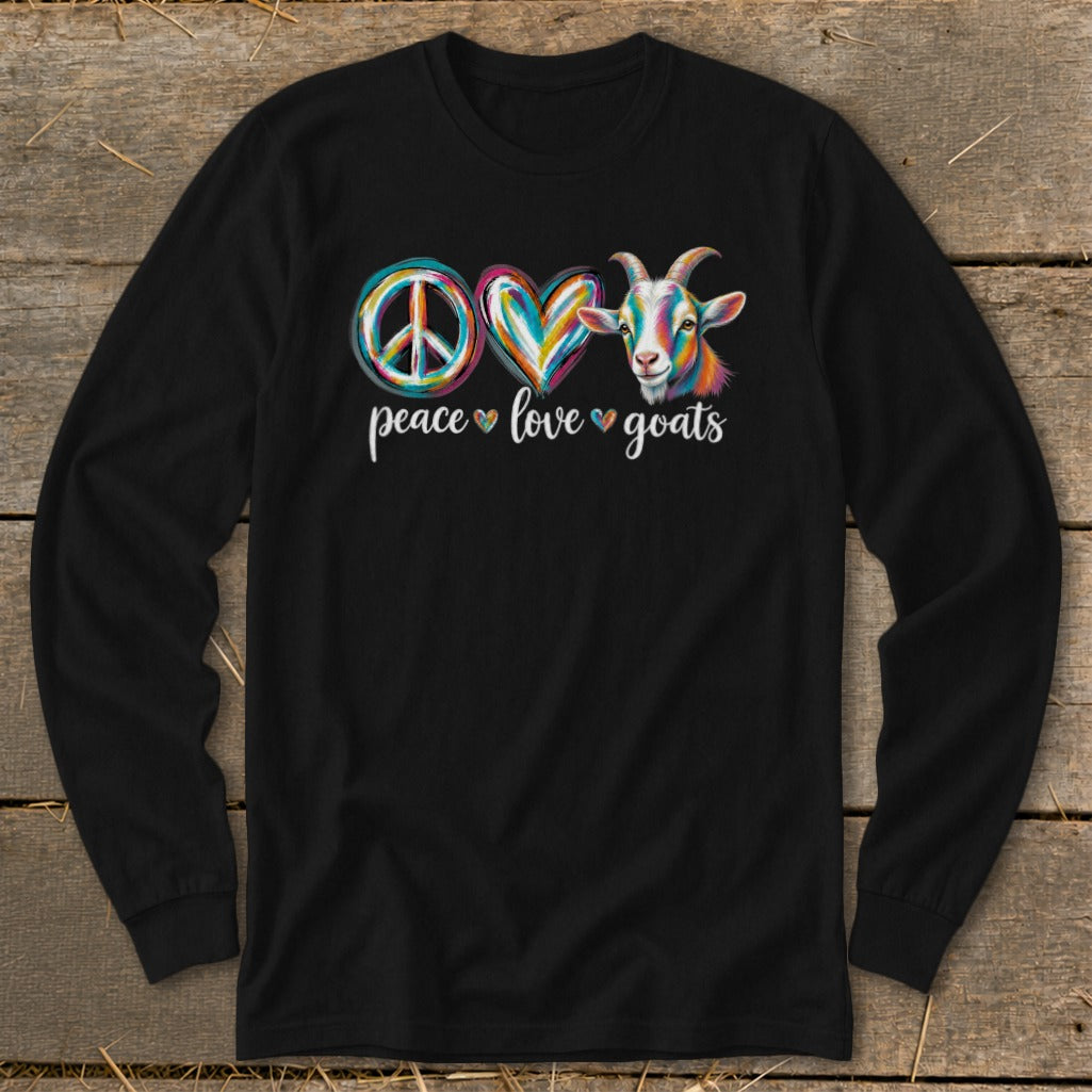 Black long-sleeve shirt with peace, love, and goats graphic design.