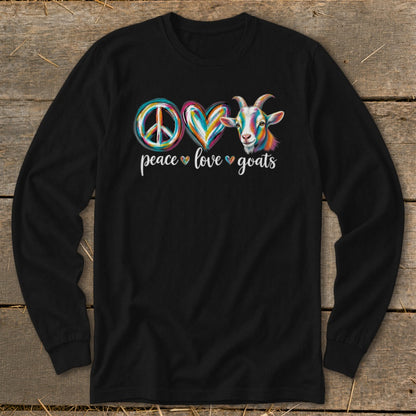 Black long-sleeve shirt with peace, love, and goats graphic design.
