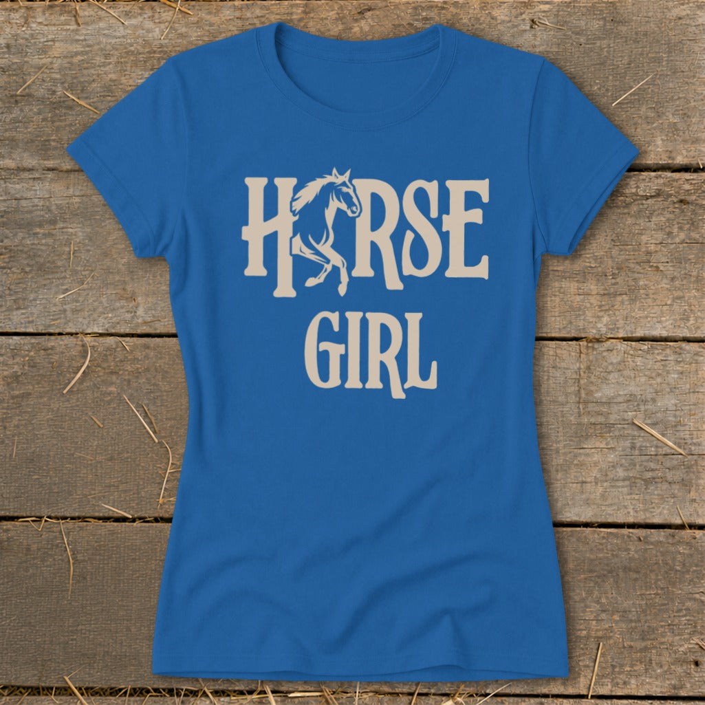 Blue t-shirt with white text "HORSE GIRL" and horse graphic.