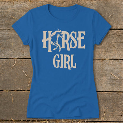 Blue t-shirt with white text "HORSE GIRL" and horse graphic.