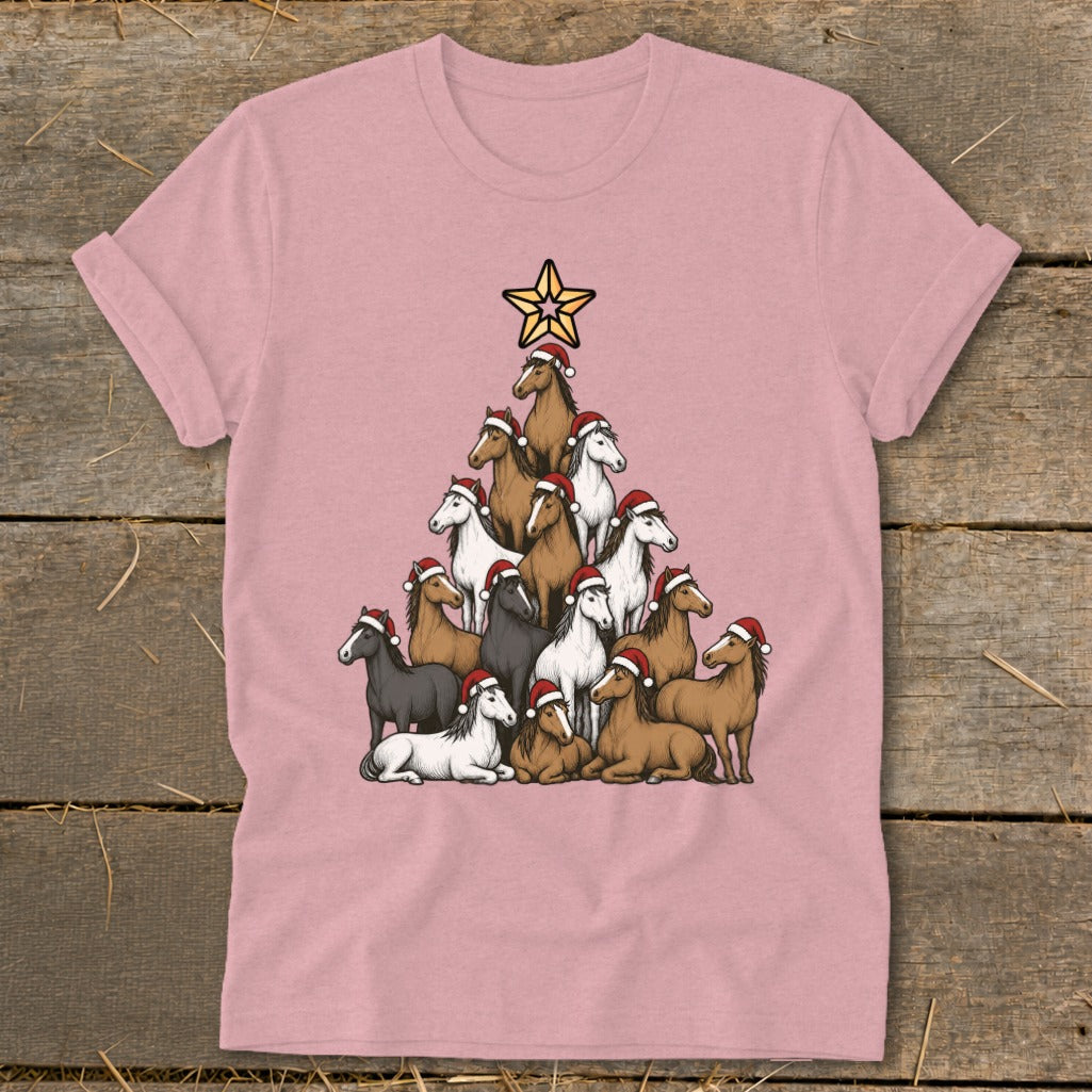 Pink t-shirt with a Christmas tree made of horses wearing Santa hats.