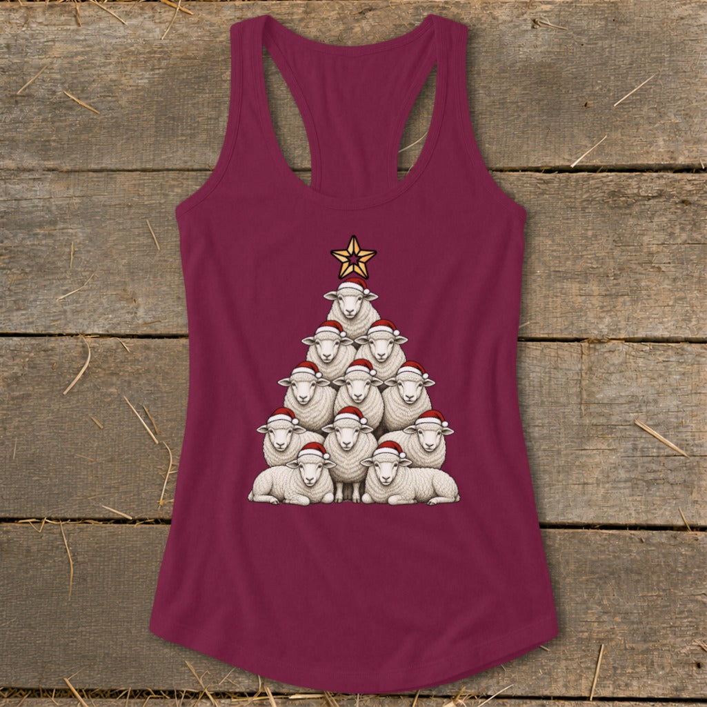 Sheep arranged in a Christmas tree shape wearing Santa hats on a maroon tank top.