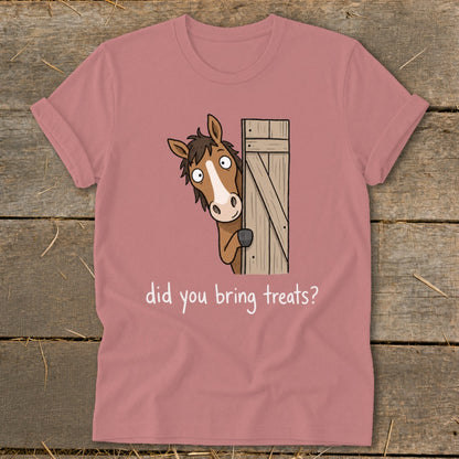 Cartoon horse peeking from a wooden gate asking "did you bring treats?"