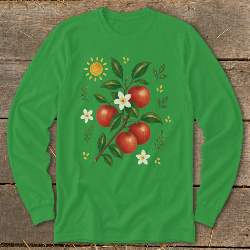 Green long-sleeve shirt with a watercolor apple branch, flowers, and sun graphic.