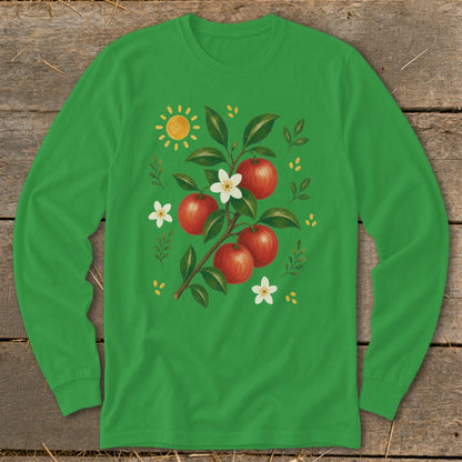 Green long-sleeve shirt with a watercolor apple branch, flowers, and sun graphic.