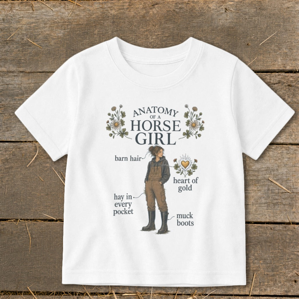 White t-shirt with "Anatomy of a Horse Girl" graphic, featuring a girl and labeled anatomy.