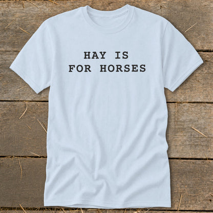 Light blue t-shirt with black text that reads "HAY IS FOR HORSES".