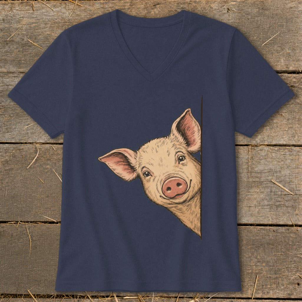 Navy v-neck t-shirt with a peeking pig illustration on the front.