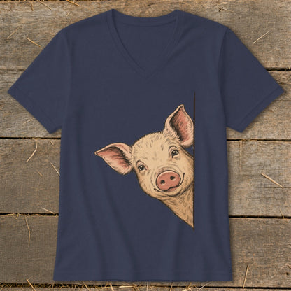 Navy v-neck t-shirt with a peeking pig illustration on the front.