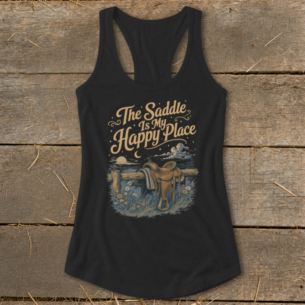 Black tank top with "The Saddle Is My Happy Place" text and saddle graphic.