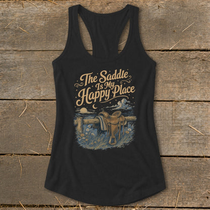 Black tank top with "The Saddle Is My Happy Place" text and saddle graphic.