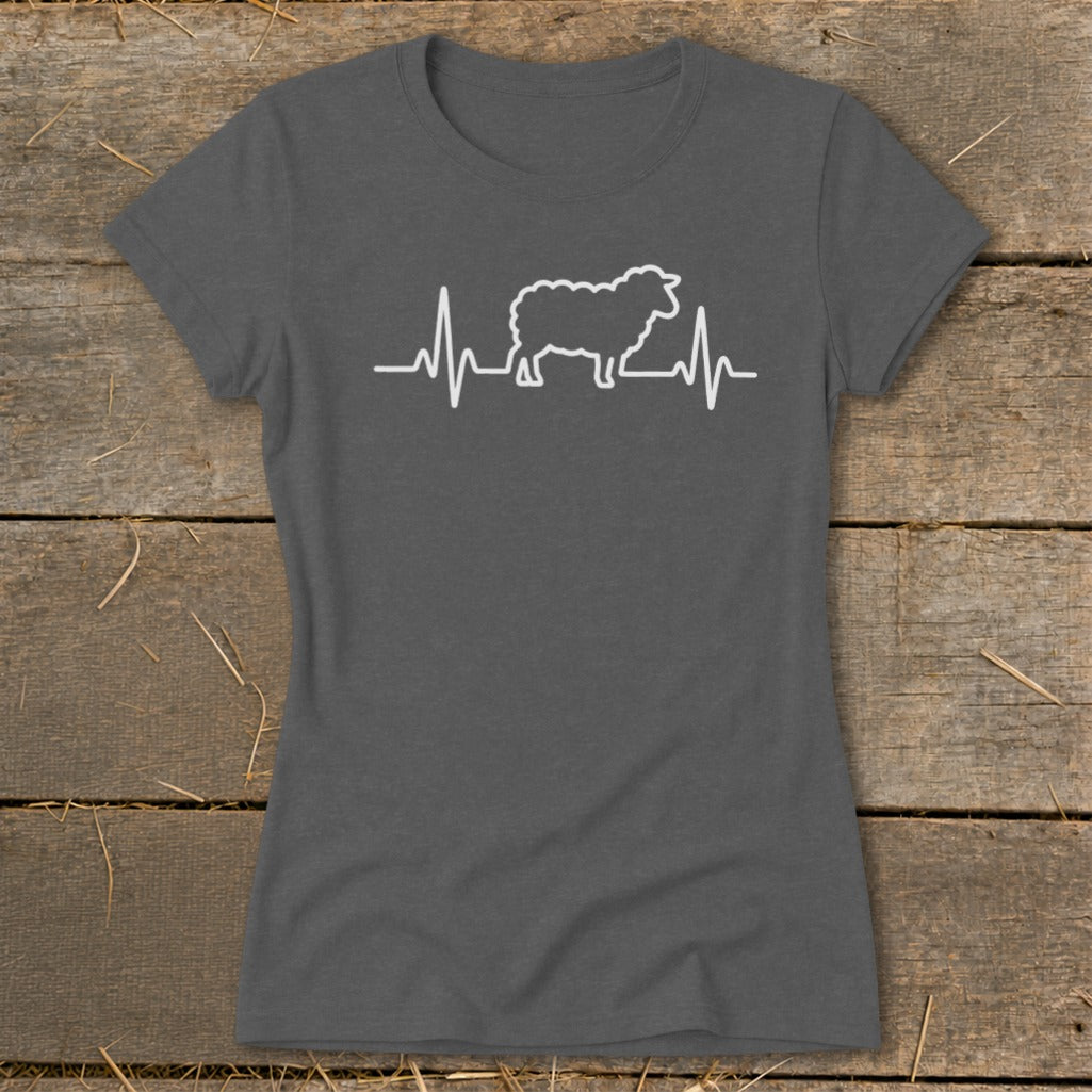A dark grey crewneck t-shirt featuring a white graphic of a sheep integrated into a heartbeat line.