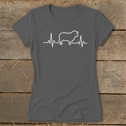 A dark grey crewneck t-shirt featuring a white graphic of a sheep integrated into a heartbeat line.