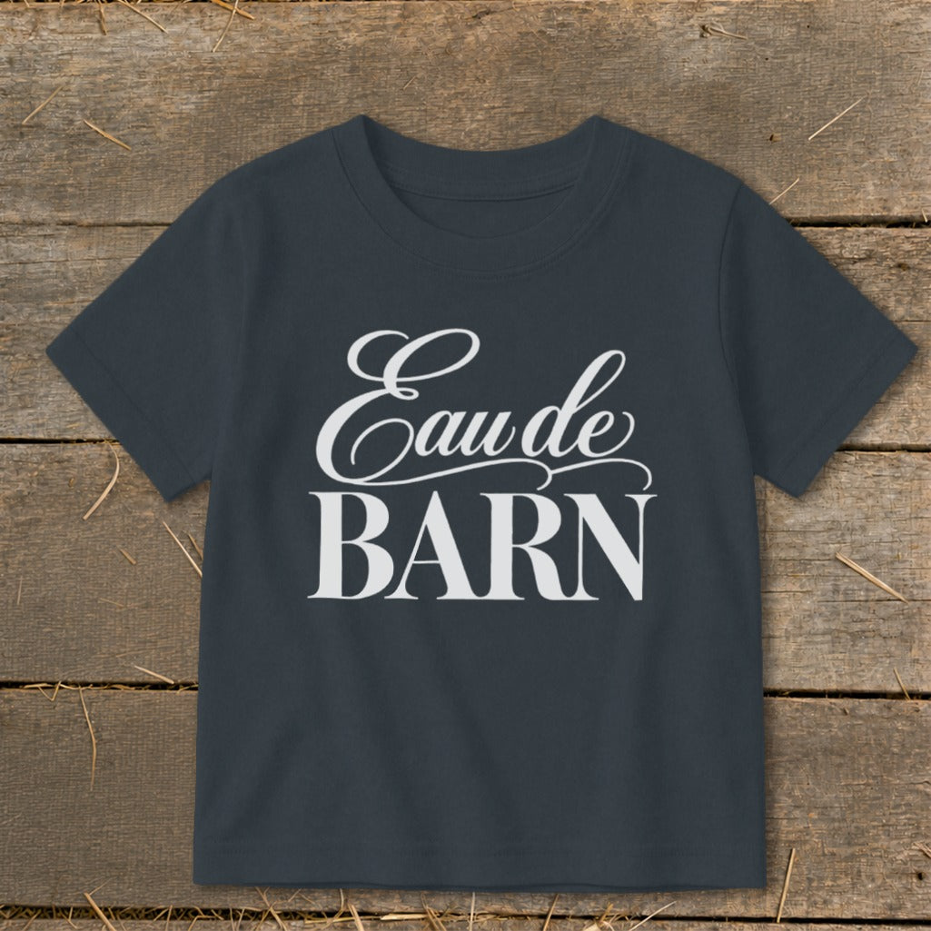 Dark grey t-shirt with white "Eau de BARN" text.