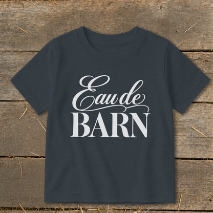Dark grey t-shirt with white "Eau de BARN" text.