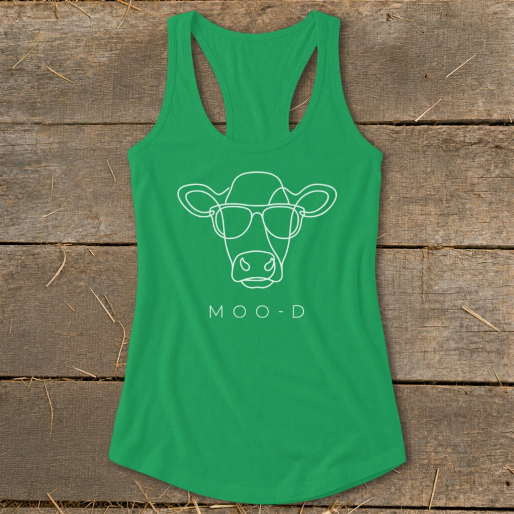 Green tank top with a white line drawing of a cow wearing sunglasses and the text MOO-D.