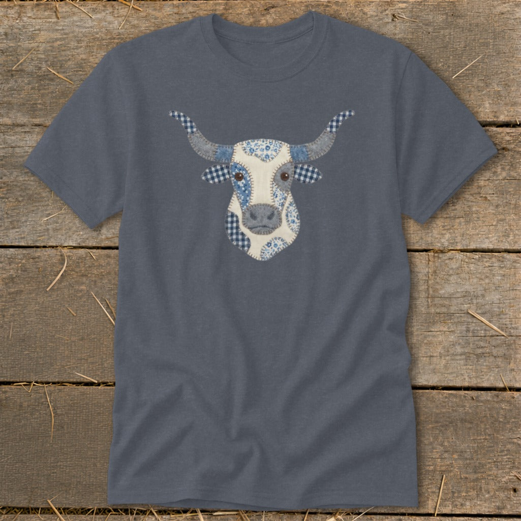 Gray t-shirt with a patchwork longhorn cow face graphic.