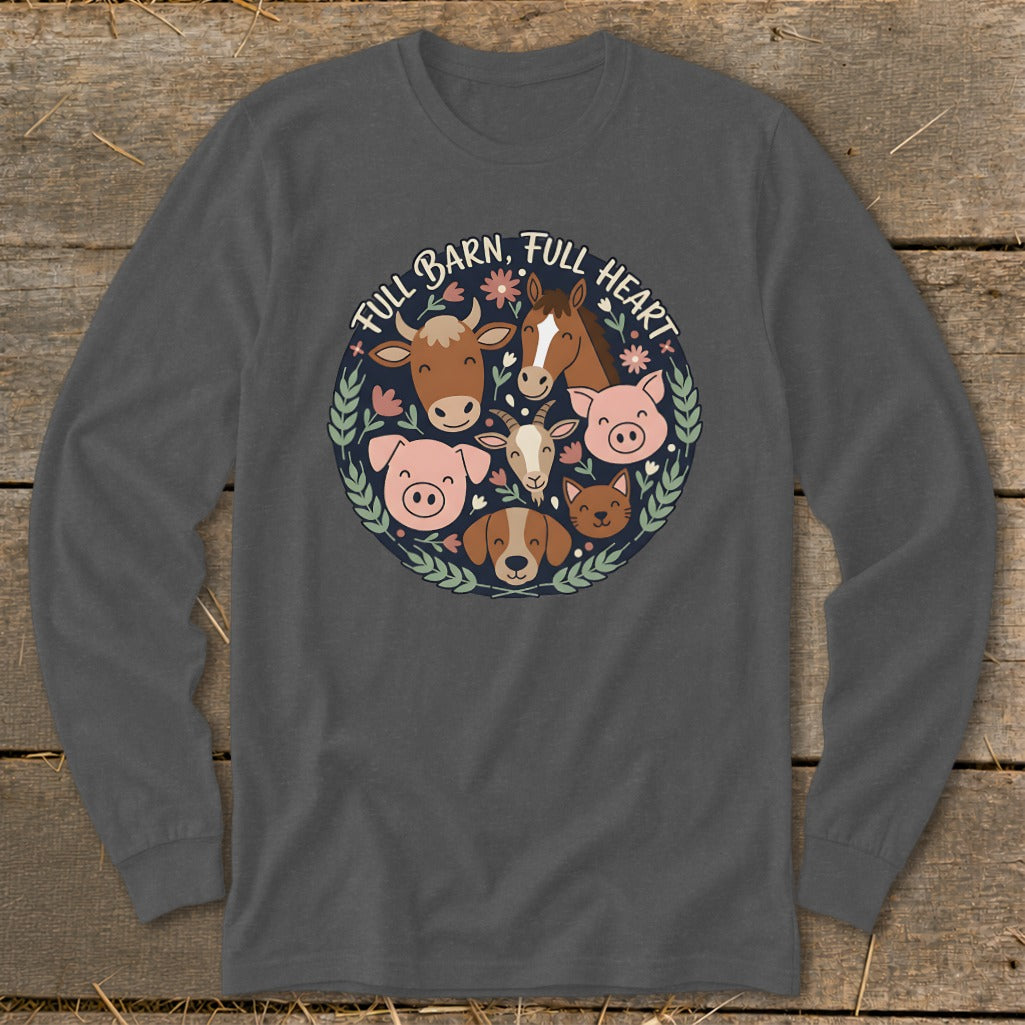 Long sleeve t-shirt with cartoon farm animals and text "FULL BARN, FULL HEART"