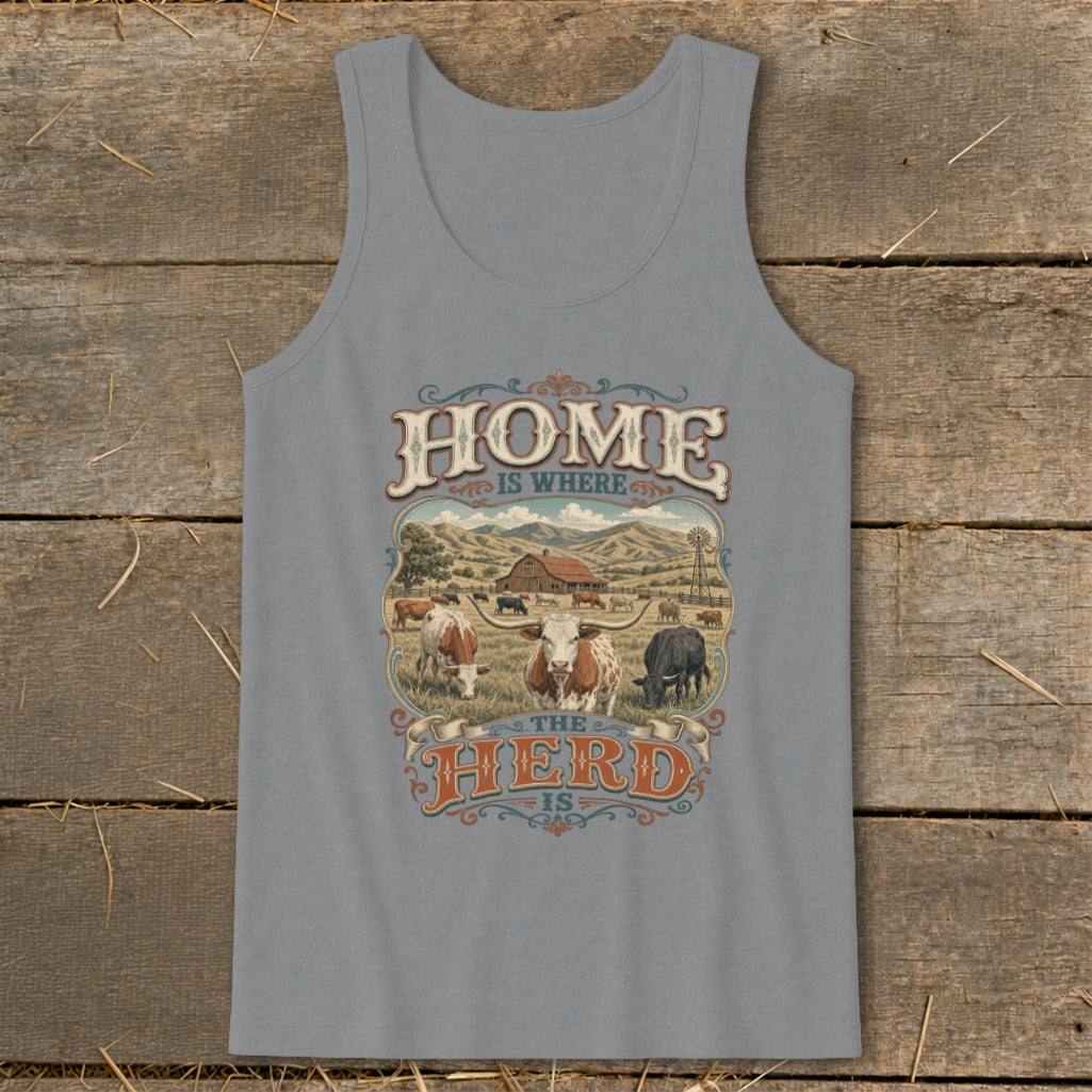 Graphic with cows, barn, and windmill, reads "Home is where the herd is."