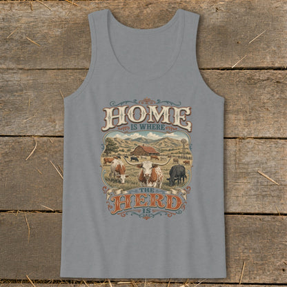 Graphic with cows, barn, and windmill, reads "Home is where the herd is."