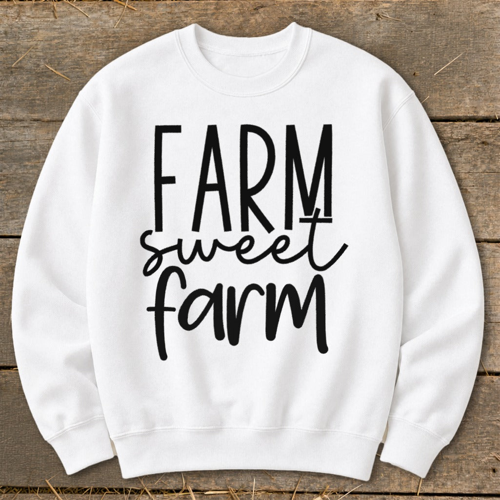 White sweatshirt with black text reading "FARM sweet farm".