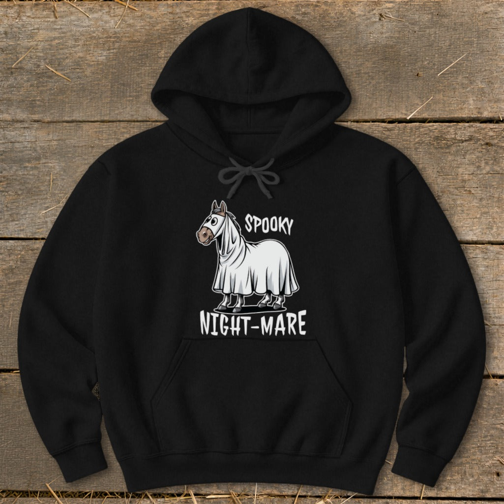 Black hoodie with a ghost horse graphic and text reading "Spooky Night-Mare".