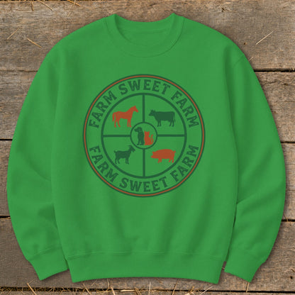 Green sweatshirt with a circular farm animal graphic and text.