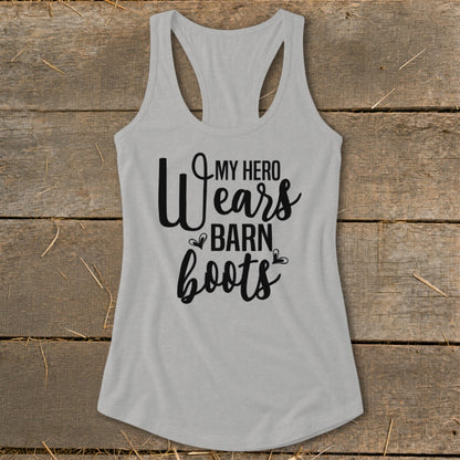 Gray tank top with "My Hero Wears Barn Boots" text in black.