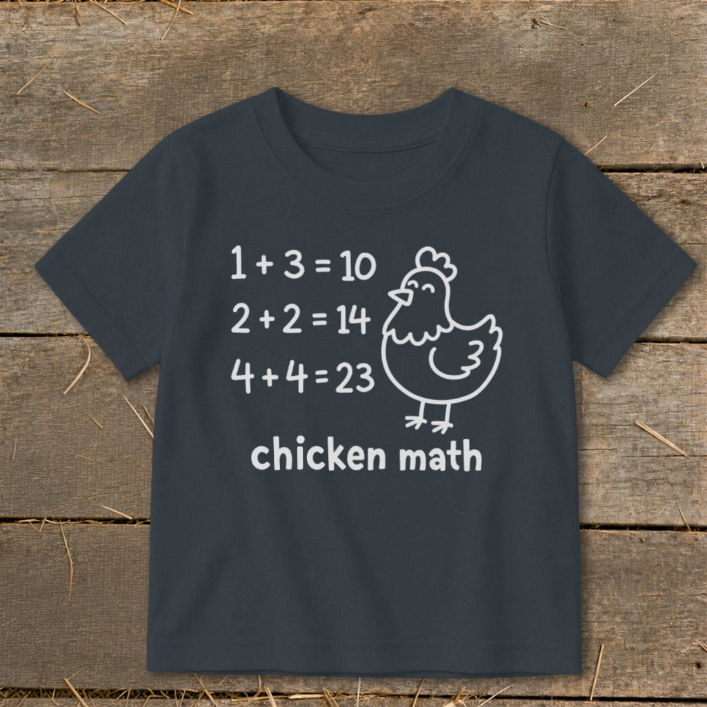 Dark t-shirt with "chicken math" and funny math equations with a chicken drawing.