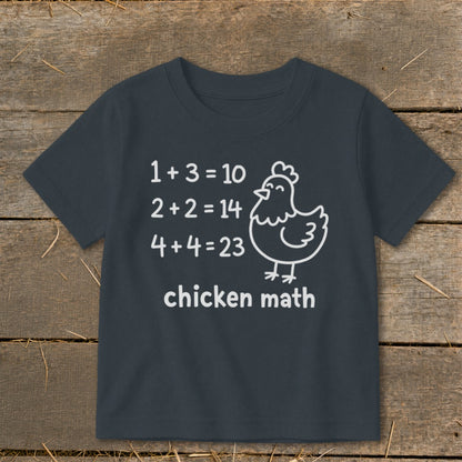 Dark t-shirt with "chicken math" and funny math equations with a chicken drawing.