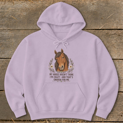 Purple hoodie with horse graphic and text "My horse doesn't think I'm crazy and that's enough for me."