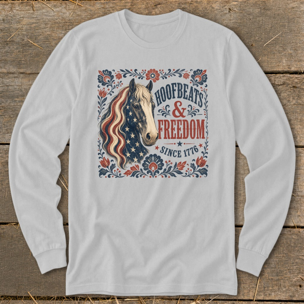 Horse with American flag mane, "Hoofbeats & Freedom Since 1776" text.