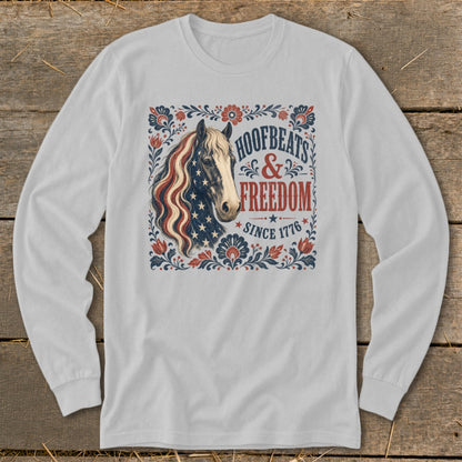 Horse with American flag mane, "Hoofbeats & Freedom Since 1776" text.