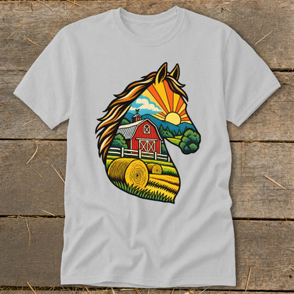 A light gray t-shirt featuring a graphic illustration of a horse head silhouette filled with a countryside farm scene.