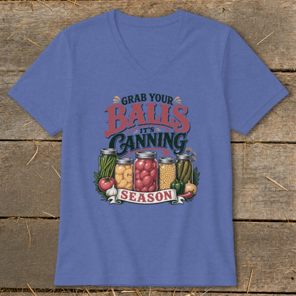 T-shirt graphic with jars of canned food and text "Grab Your Balls It's Canning Season".