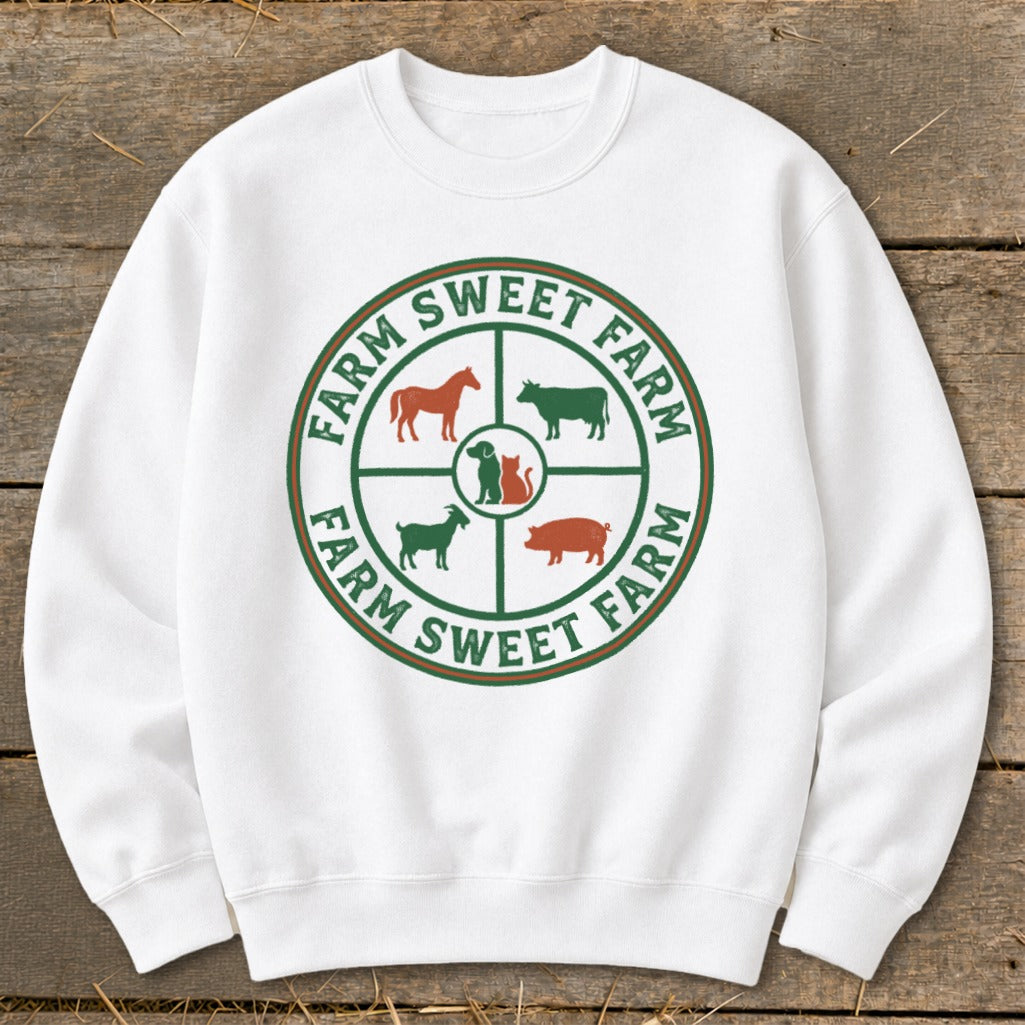 White sweatshirt with a circular farm animal graphic and "Farm Sweet Farm" text.